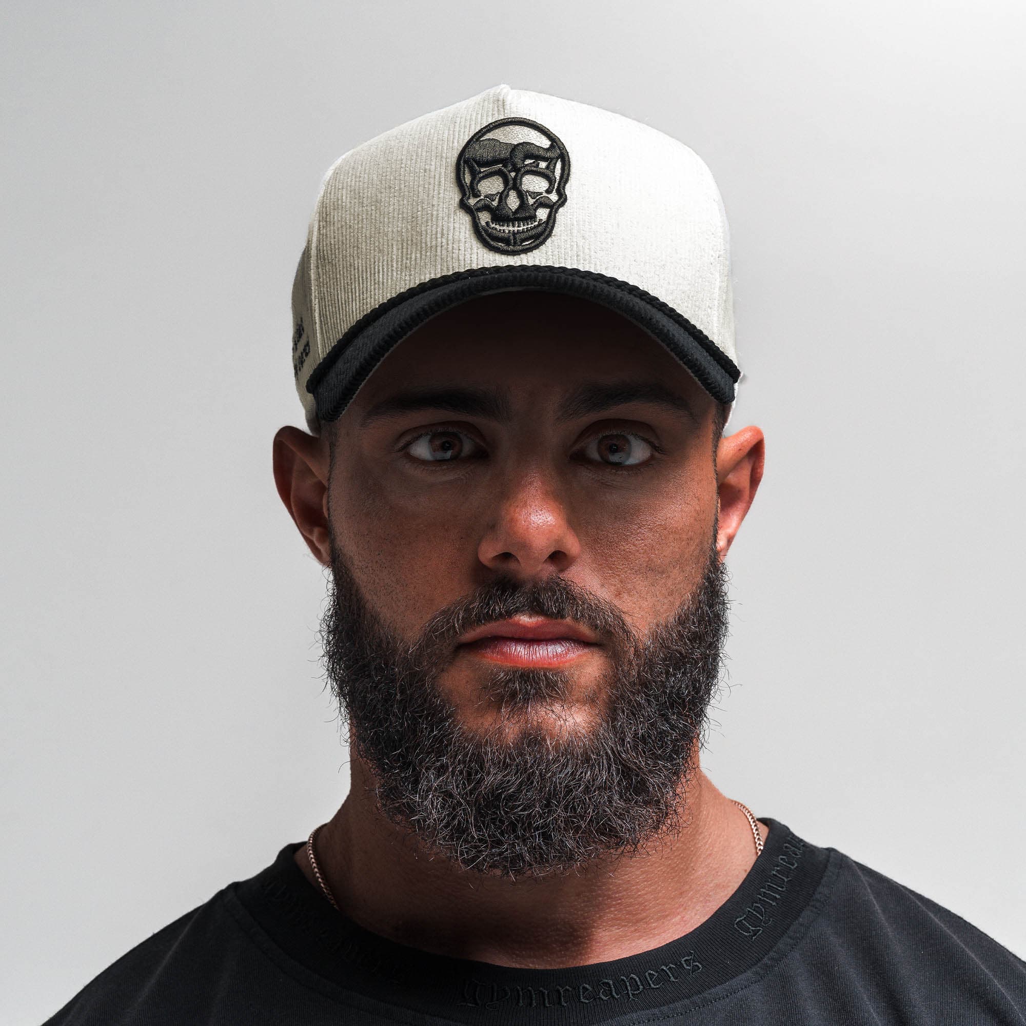 Corduroy 5-Panel Skull Hat - Cream/Black - Image 5