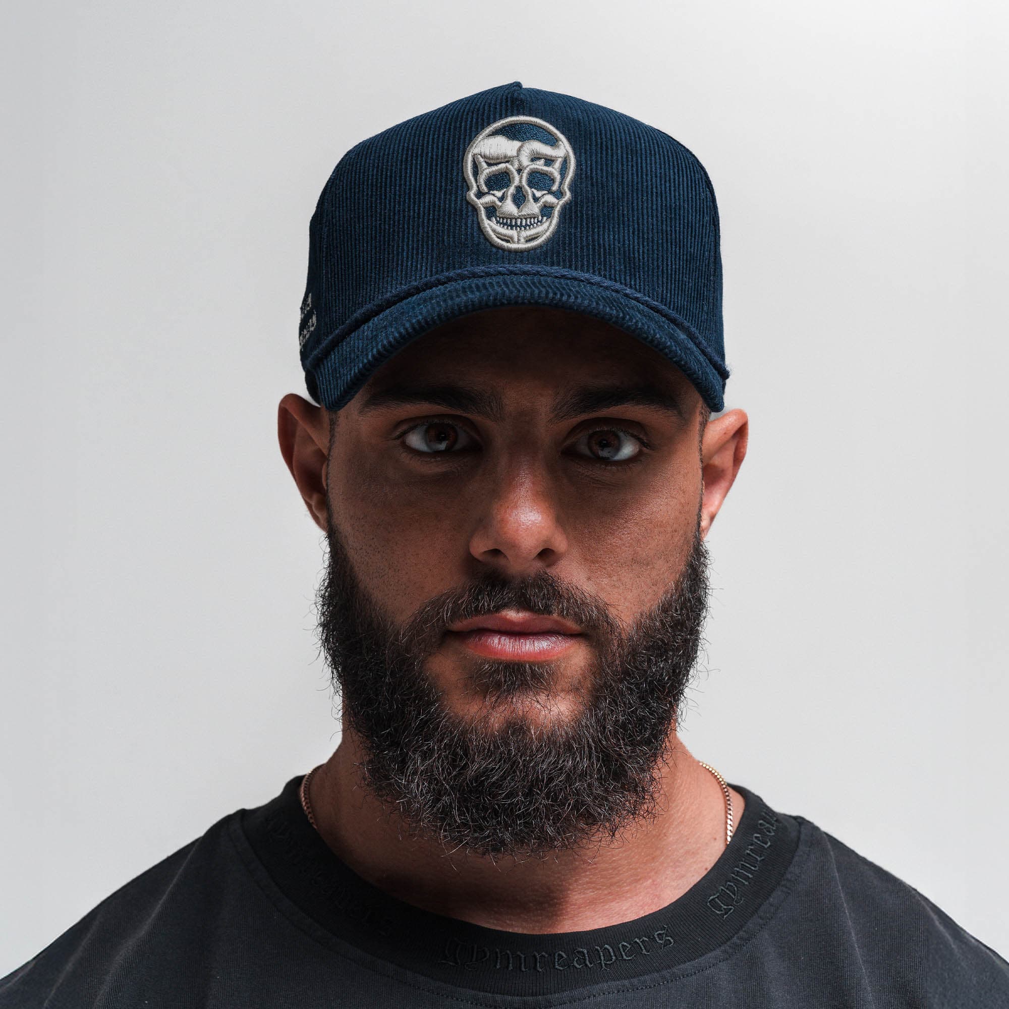 Corduroy 5-Panel Skull Hat - Navy/Cream - Image 5