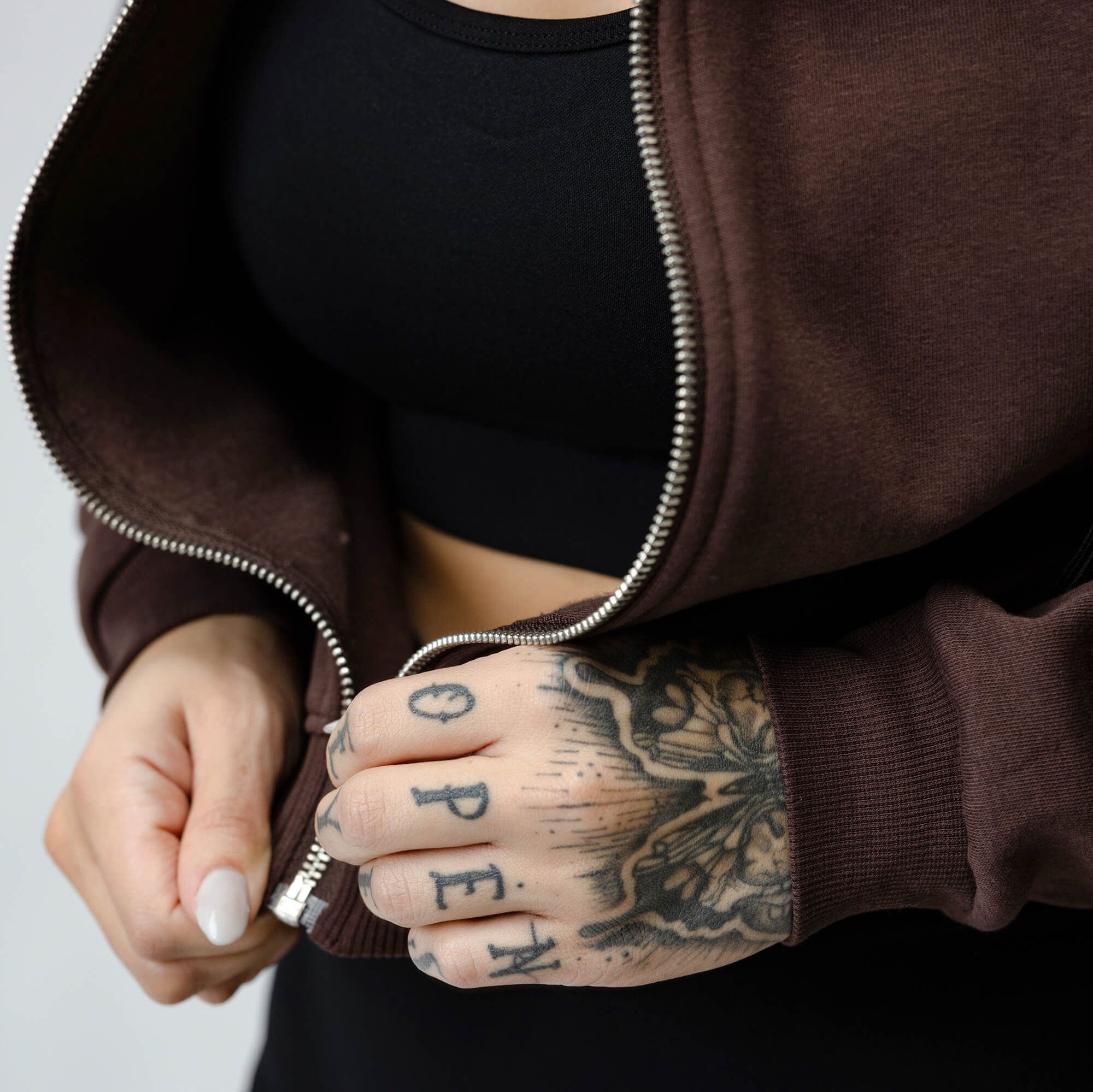 Cropped Zip-Up Hoodie - Brown - Image 3