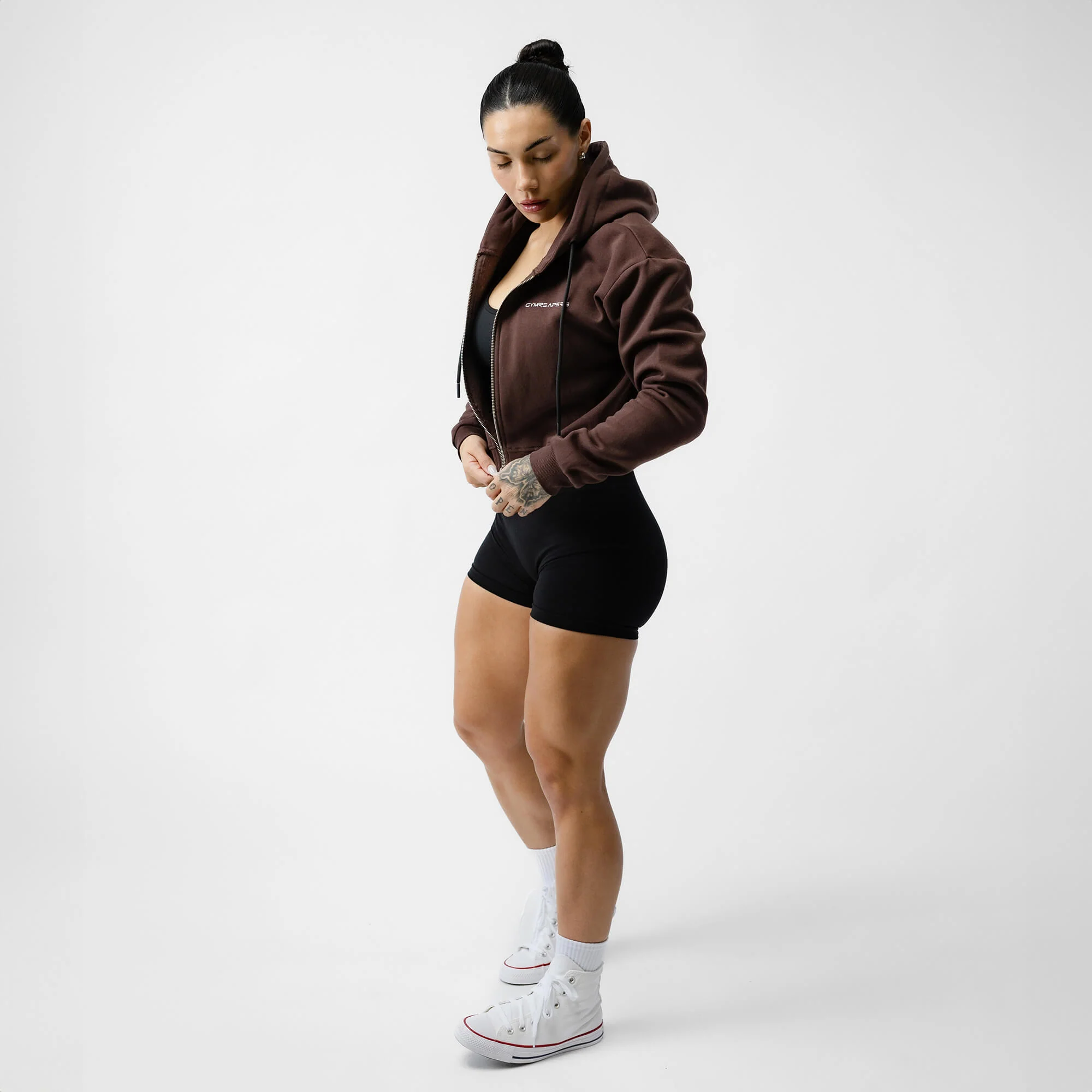 Cropped Zip-Up Hoodie - Brown - Image 5